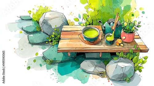 Zen Garden Serenity, Top-down view of a winding stone path in a tranquil zen garden, leading to a matcha tea set on a low wooden table, vibrant watercolor style, isolated on white background