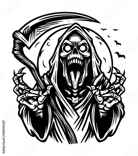 grim reaper illustration in bold engraving vector for tattoo or print