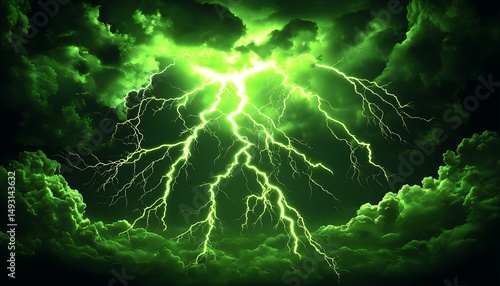 Stormy green sky with lightning