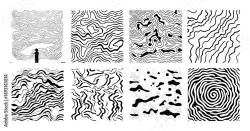 topographic line pattern vector collection in sketch engraving style