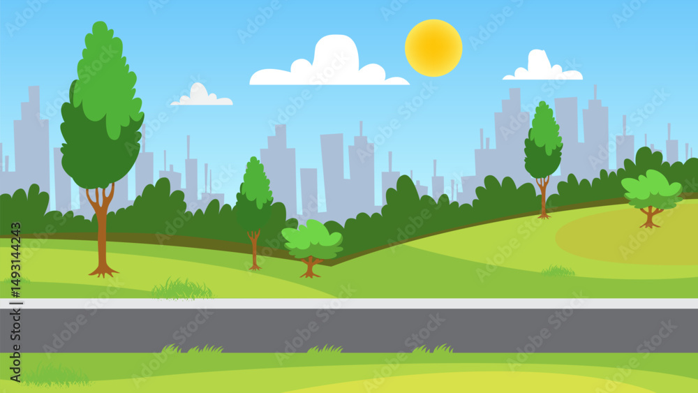 City street with garden and buildings. Vector parallax background for 2d animation with cartoon illustration of summer landscape with road, sidewalk, green bushes, and trees City street with garden and buildings. Vector parallax background for 2d animation with cartoon illustration of summer landscape with road, sidewalk, green bushes, and trees