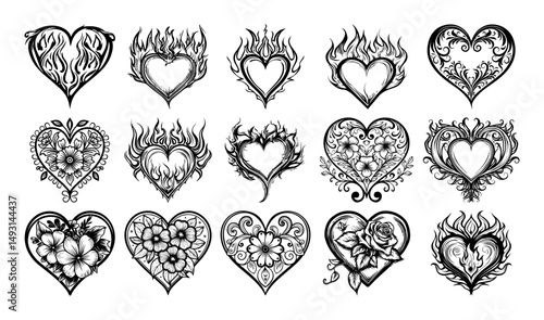 flaming and floral heart ornament vector set for tattoo and engraving
