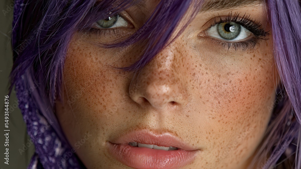Fototapeta premium Close-Up Portrait of a Woman with Violet Hair and Freckles Sparkling with Glitter