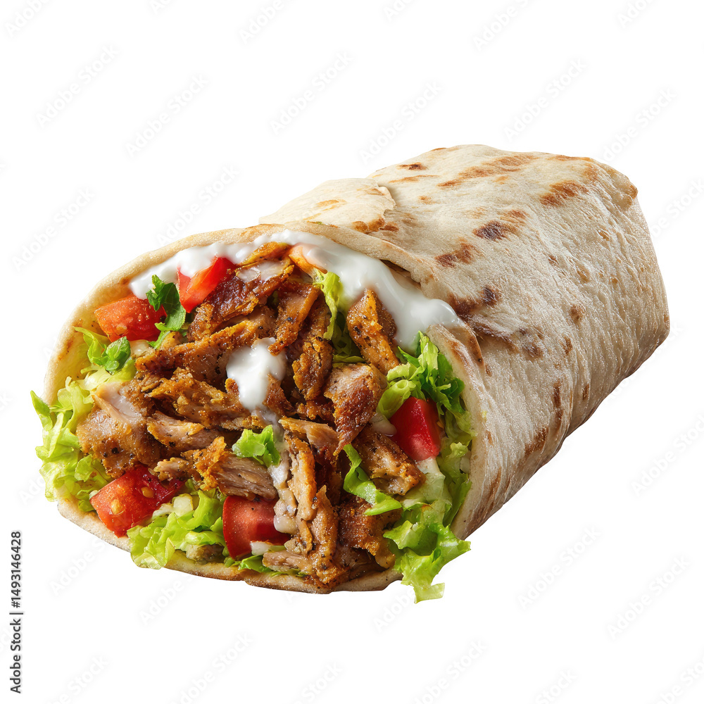 Delicious Doner Kebab Wrap with Salad and Sauce on transparent background Delicious Doner Kebab Wrap with Salad and Sauce on transparent background