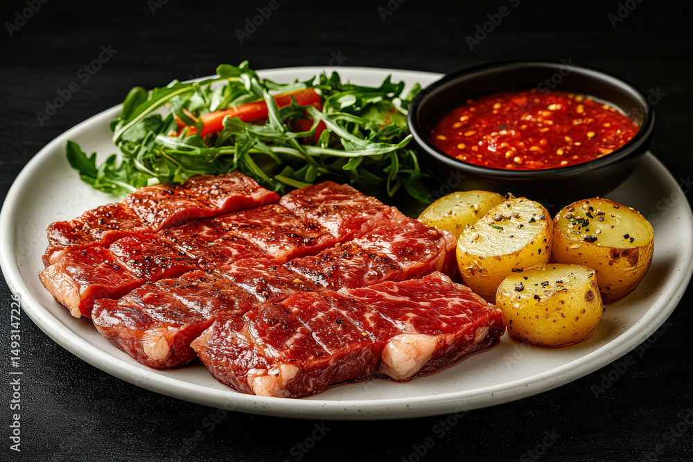 Plate of meat and potatoes with a sauce on the side. The plate is white and the meat is brown Plate of meat and potatoes with a sauce on the side. The plate is white and the meat is brown