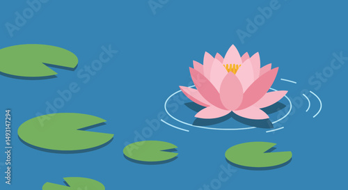 Pink Lotus Flower On Still Water With Lily Pads
