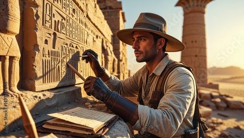 A male archaeologist meticulously examines ancient hieroglyphs on a weathered stone wall at an archaeological site. The golden light of sunset casts long shadows, enhancing the historical atmosphere.