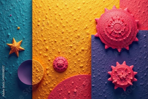 Abstract geometric shapes on textured backdrop, decor, art, vibrant