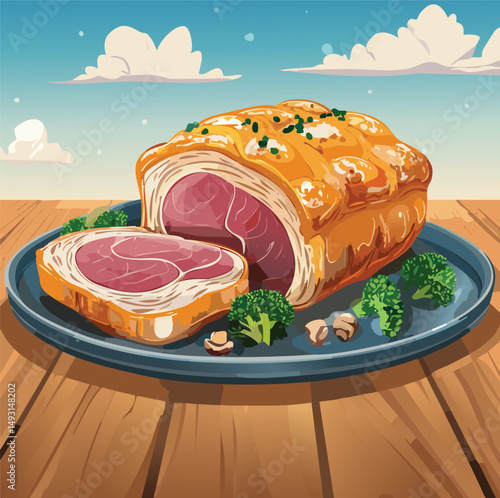 Perfectly cooked Beef Wellington sliced open, showing juicy medium-rare beef wrapped in golden puff pastry with mushroom duxelles, served on elegant plating with warm, natural lighting.