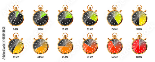 Realistic classic stopwatch. Shiny golden metal chronometer, time counter with dial. Colorful countdown timer showing minutes, seconds. Time measurement for sport, start, finish. Vector illustration