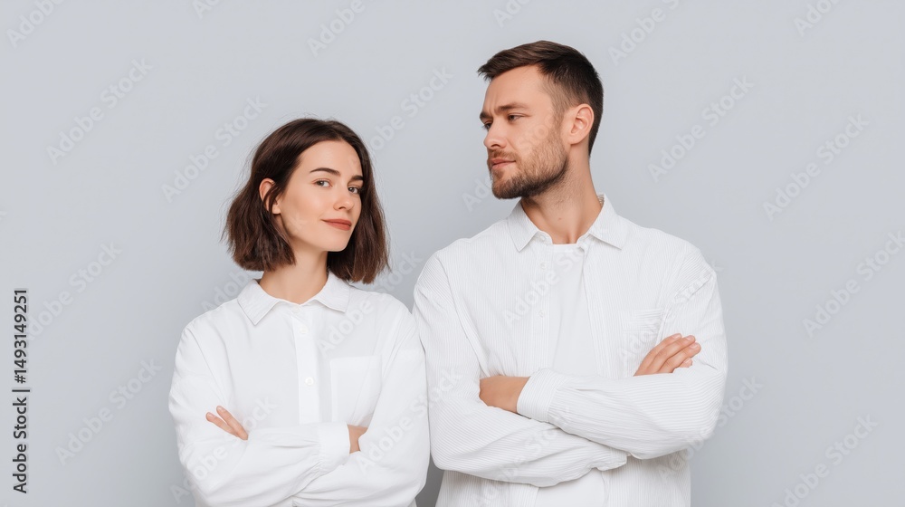 Couple poses together in stylish white outfits, showcasing confidence and connection in a minimalist studio setting. Couple poses together in stylish white outfits, showcasing confidence and connection in a minimalist studio setting.