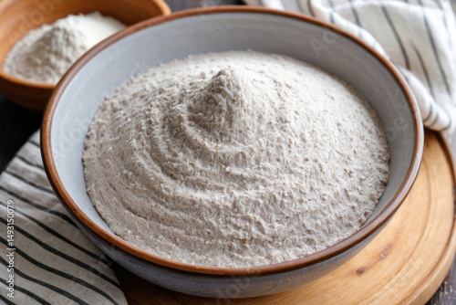 A bowl of flour sits on a wooden table, ready for baking