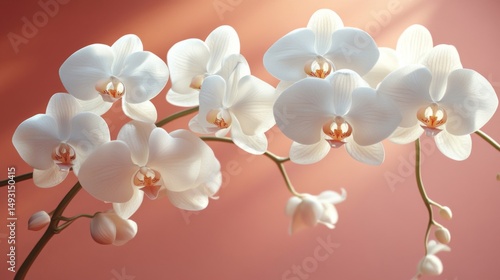White Orchids Against Coral Background