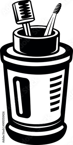 Minimalist black and white illustration of a toothbrush and interdental brush holder vector silhouette Generative AI