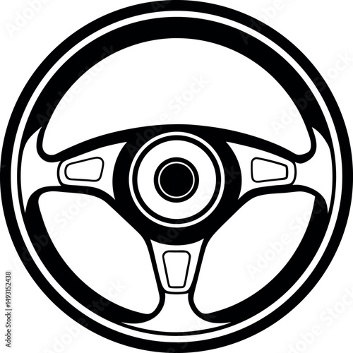 Monochrome illustration of a classic three spoke steering wheel design vector silhouette 