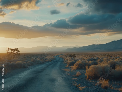 Desert road leading to distant mountains at sunset; landscape shot of arid environment with Joshua tree and cloudy sky