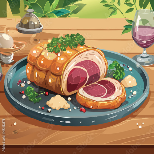 Perfectly cooked Beef Wellington sliced open, showing juicy medium-rare beef wrapped in golden puff pastry with mushroom duxelles, served on elegant plating with warm, natural lighting.