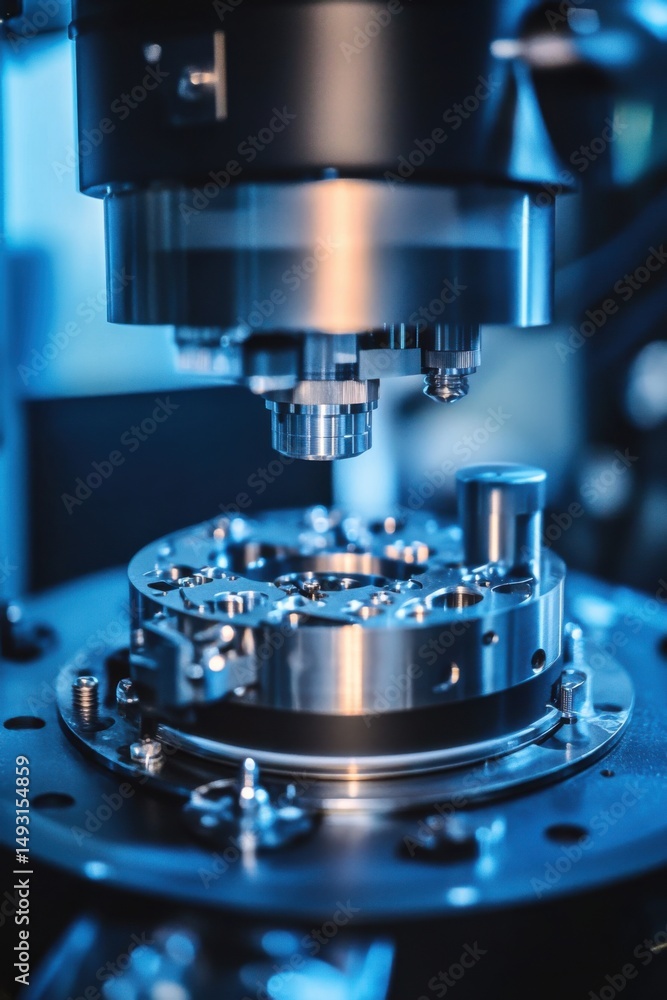 Close-up of a sophisticated scientific instrument in operation; a high-tech machine with intricate metal parts and blue lighting Close-up of a sophisticated scientific instrument in operation; a high-tech machine with intricate metal parts and blue lighting
