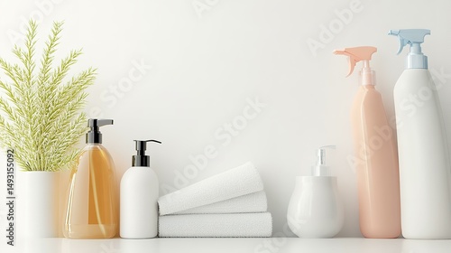 Cleaning liquids bottles, soap, shampoo, sanitary lotion, citrus and green leaves. Background mock with copy space