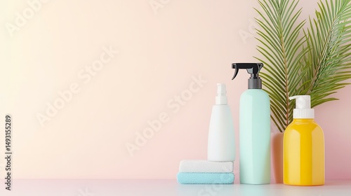 Cleaning liquids bottles, soap, shampoo, sanitary lotion, citrus and green leaves. Background mock with copy space