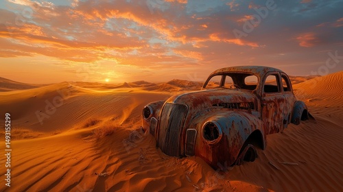 Rusting car in desert sunset