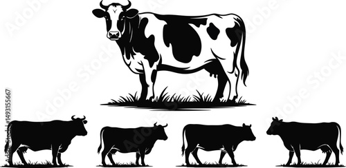 Black and white cow silhouettes farm animals