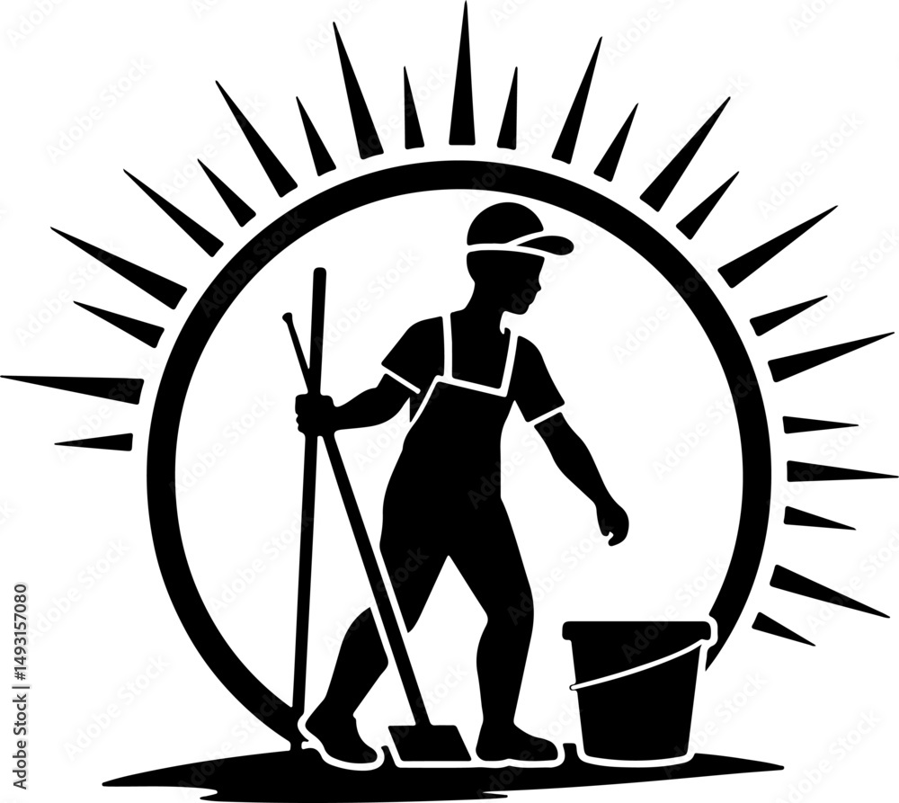 Obraz premium Cleaning Worker Emblem with Sunburst Design