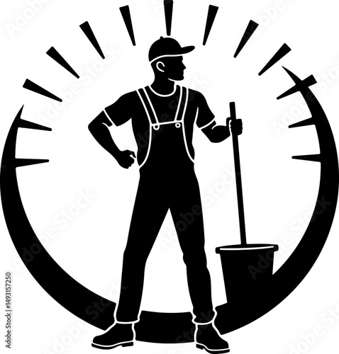 Cleaning Worker Emblem with Sunburst Design"