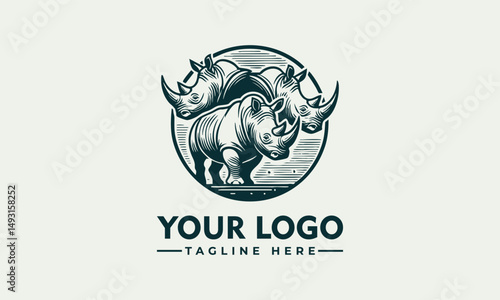 Photography Rhinoceros wildlife emblem, detailed nature illustration of two rhinos in a circ