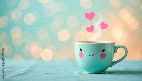 Cute, smiling cup with hearts and steam, set against soft, blurred background, evokes warmth and joy