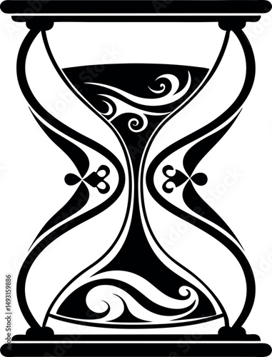 Ornate Black and White Hourglass with Swirling Sand Design Illustration vector silhouette  