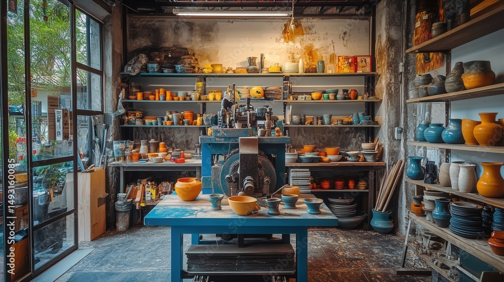 pottery making machine surrounded by shelves of colorful glazed pottery, the workshop buzzing with creative energy pottery making machine surrounded by shelves of colorful glazed pottery, the workshop buzzing with creative energy