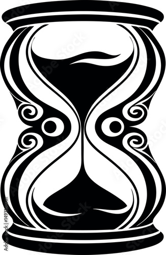 Black and white hourglass with swirling designs around the central bulbous shape vector silhouette Generative AI