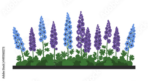 Row Of Colorful Delphinium Flowers In Pixel Art Style