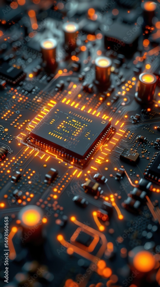 Obraz premium Luminous Quantum Computer Core Close-up of Illuminated Circuits