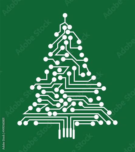 Electronic Circuit Tree. a circuit board christmas tree on green background. design in trendy style. Vector illustration