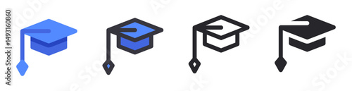 Set of toga hat graduation icon, stroke, flat and filled style