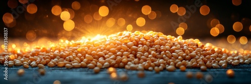 Tiny seeds on wood, glowing with natural vitality, soft focus background. Essence of life and growth in nature's simplicity.