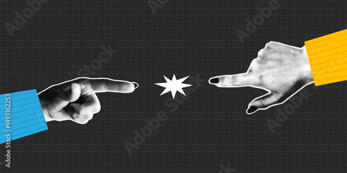 Collage halftone hands touching fingers. Concept of teamwork, help and partnership with halftone hand gestures. Trendy collage style. Vector.
