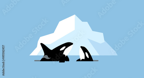Orcas Near Iceberg In Frozen Ocean