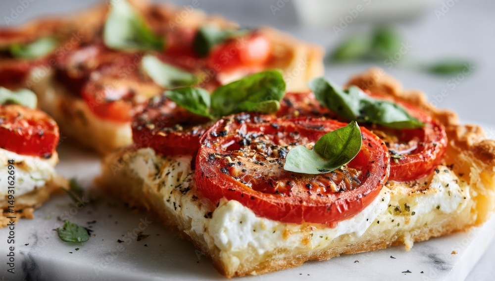 Tomato Tart Slices With Basil on Marble Board, Showcasing Culinary Arts and Food Presentation for Restaurant Menu Design : Generative AI Tomato Tart Slices With Basil on Marble Board, Showcasing Culinary Arts and Food Presentation for Restaurant Menu Design : Generative AI