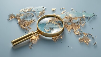 Magnifying Glass Over World Map Made of Tiny Spheres, Symbolizing Global Analysis and International Business Expansion : Generative AI