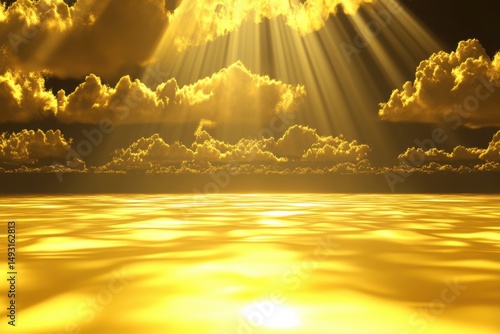 Golden light beams shining down from cloudy sky onto golden water surface horizon view landscape