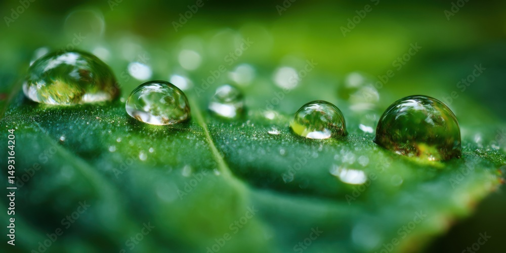Water Droplets on a Green Leaf in Macro View, Symbolizing Freshness and Environmental Awareness for Sustainability Initiatives : Generative AI Water Droplets on a Green Leaf in Macro View, Symbolizing Freshness and Environmental Awareness for Sustainability Initiatives : Generative AI