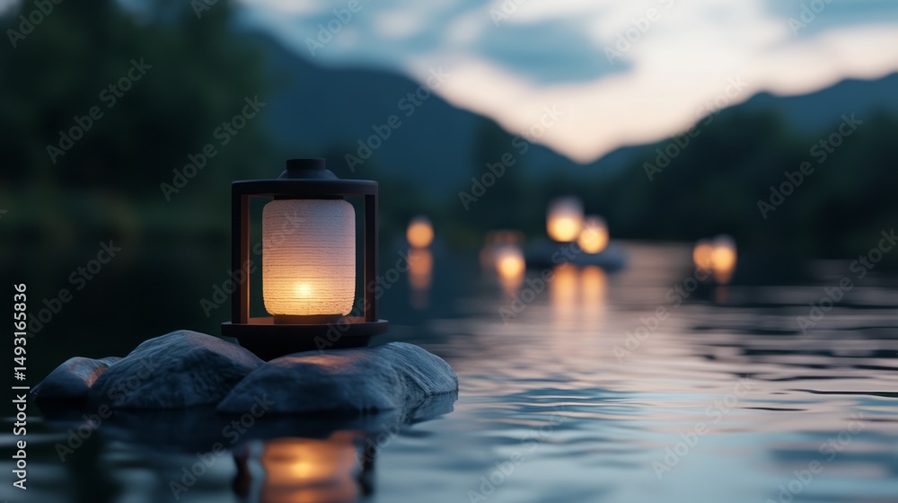 Fototapeta premium Serene Evening Scene with Lanterns Floating on Calm Water at Dusk in a Natural Setting