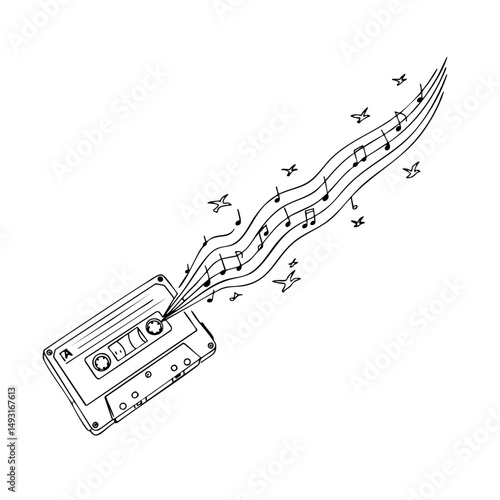 Minimalist line art of a vintage cassette tape unraveling into musical notes, shaped like waves or birds 