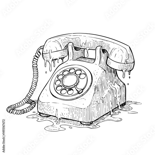 Thin-line drawing of a rotary phone melting like a candle — time slipping away 