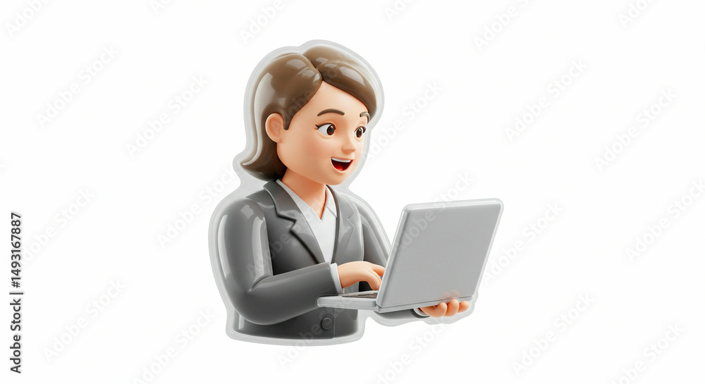 Animated woman cheerfully using laptop Animated woman cheerfully using laptop