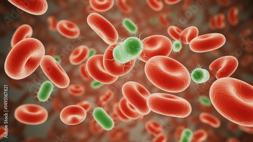 3D rendering of bacterial infection among red blood cells in bloodstream.