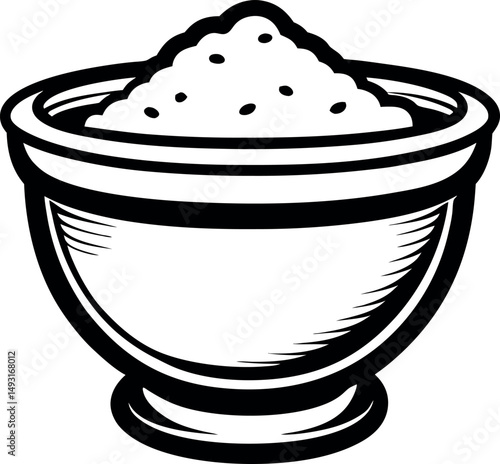 Black and white illustration of a filled bowl standing on pedestal vector silhouette  